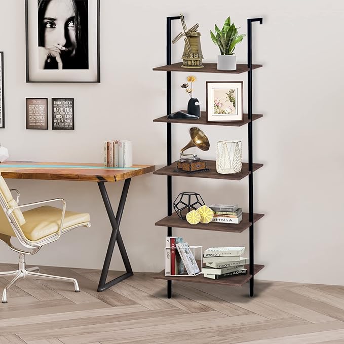 5 Tiers Ladder Shelf Brown Modern Bookshelf Open Tall Wall Mount Bookcase Standing Leaning Wall Shelves Industrial Decorative Living Room Bed Room - LeafyLoom