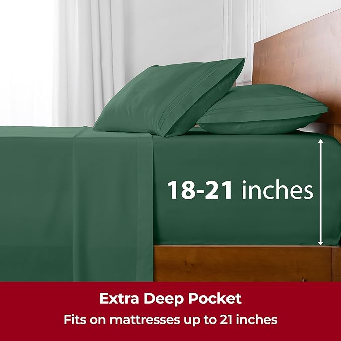 Mellanni Extra Deep Twin Sheets - 3 PC Iconic Collection Bedding Sheets & Pillowcases - Hotel Luxury, Ultra Soft, Cooling Bed Sheets - Extra Deep Pocket up to 21 inch (Twin, Emerald Green) - LeafyLoom