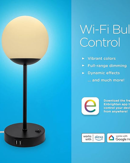 Enbrighten Bedside Decor Lamp Tabletop Wi-FI Dimmable Color Changing Music-Sync 2-Port USB-charging Station 2.4A Dorm Bedroom Home Office Living Room Compatible with Alexa 70331 Black - LeafyLoom