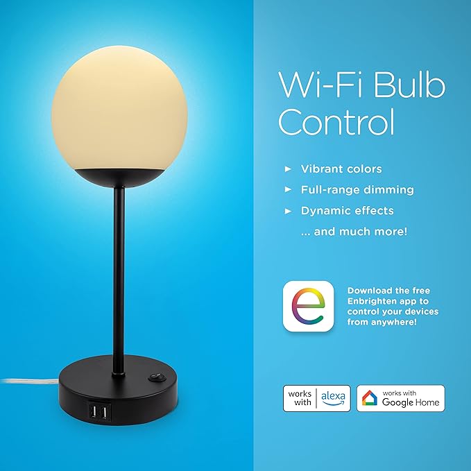Enbrighten Bedside Decor Lamp Tabletop Wi-FI Dimmable Color Changing Music-Sync 2-Port USB-charging Station 2.4A Dorm Bedroom Home Office Living Room Compatible with Alexa 70331 Black - LeafyLoom