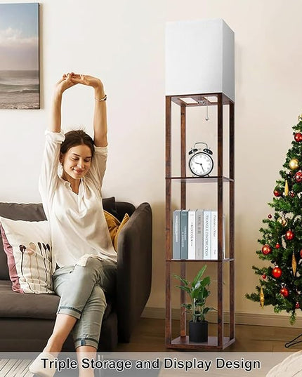 Floor Lamp with Shelves, Modern Standing Shelf Lamp with 3 CCT LED Bulb and White Shade for Living Room Bedroom and Office Deco-Brown - LeafyLoom