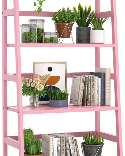 Homykic Bamboo Ladder Bookshelf, 4-Tier Ladder Shelf Open Book Shelf Freestanding Bookcase Bathroom Storage Rack Plant Stand for Living Room, Bedroom, Office, Easy Assembly, Pink - LeafyLoom