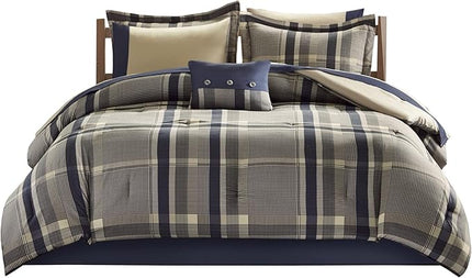 Intelligent Design Robbie Cozy Comforter Set Bed in A Bag, Modern Casual All Season Bedding Set, Matching Sham, Decorative Pillow, Navy/Tan, Full, 9 Piece - LeafyLoom