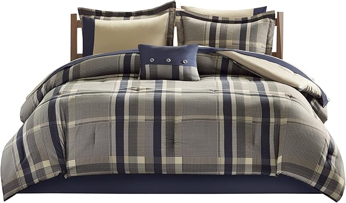 Intelligent Design Robbie Cozy Comforter Set Bed in A Bag, Modern Casual All Season Bedding Set, Matching Sham, Decorative Pillow, Navy/Tan, Queen, 9 Piece - LeafyLoom