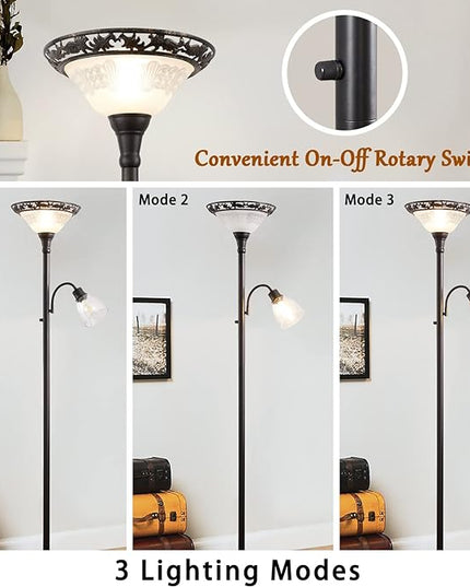 Victorian Floor Lamp, 70" Elegant Standing Lamp with Etched Glass Shade, Metal Body & Heavy Base, Vintage Tall Corner Lamp Decor for bedroom, Living Room, Den, Office. No Bulbs (2 Head) - LeafyLoom
