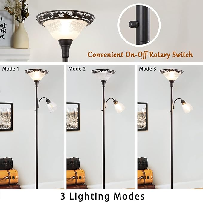 Victorian Floor Lamp, 70" Elegant Standing Lamp with Etched Glass Shade, Metal Body & Heavy Base, Vintage Tall Corner Lamp Decor for bedroom, Living Room, Den, Office. No Bulbs (2 Head) - LeafyLoom