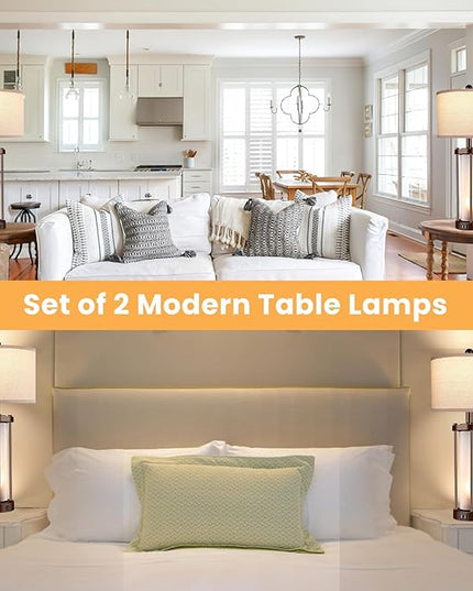 Set of 2 Farmhouse Lamps for Living Room, Rustic Vintage Bedroom Nightstand Table Lamp with 2 USB Charging Ports, Built-in Frosted Glass Night Light for End Table Entryway, Bulbs Included (Bronze) - LeafyLoom