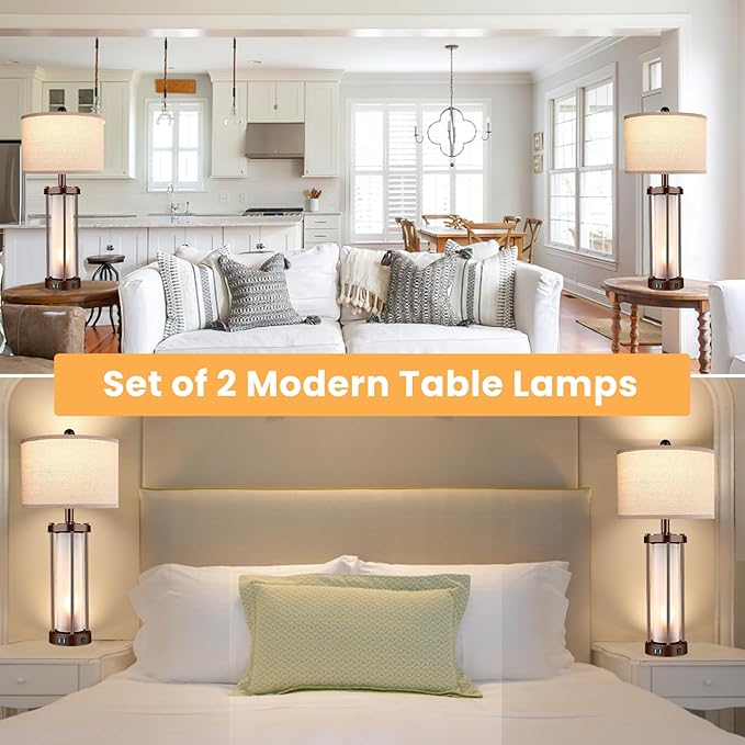 Set of 2 Farmhouse Lamps for Living Room, Rustic Vintage Bedroom Nightstand Table Lamp with 2 USB Charging Ports, Built-in Frosted Glass Night Light for End Table Entryway, Bulbs Included (Bronze) - LeafyLoom