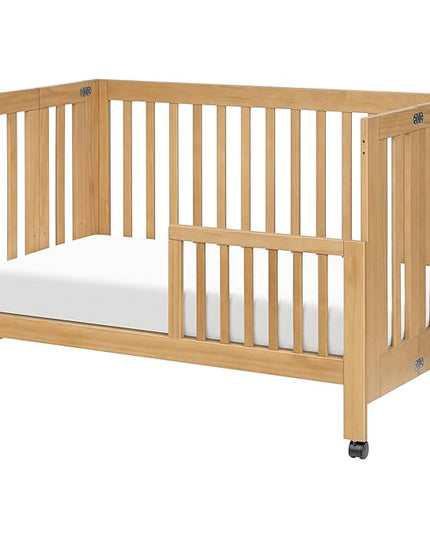 Babyletto Maki Full-Size 2-in-1 Portable Folding Crib with Toddler Bed Conversion Kit in Honey, Greenguard Gold Certified - LeafyLoom