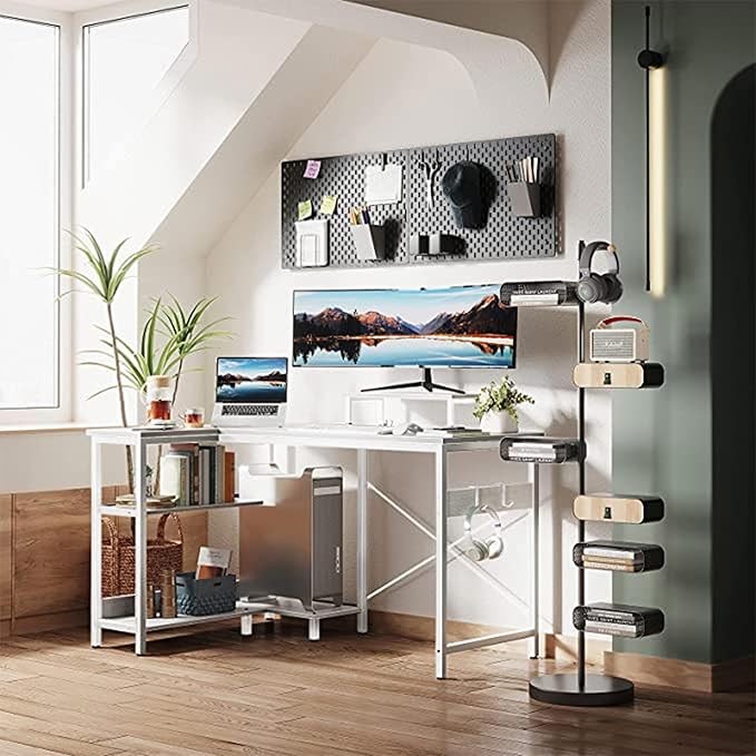 ODK 47 Inch Small L Shaped Computer Desk with Reversible Storage Shelves, L-shaped Corner Desk with Monitor Stand for Small Space, Modern Simple Writing Table for Home Office Workstation, White - LeafyLoom