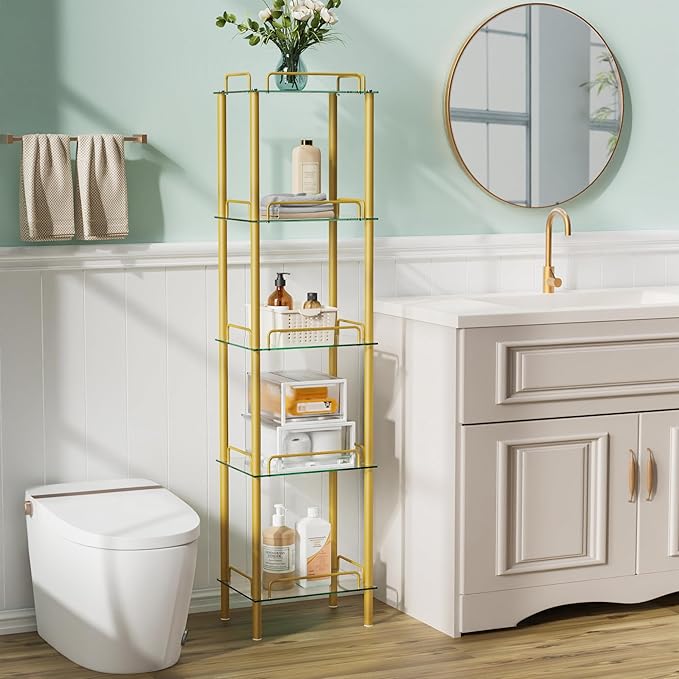 5-Tier Bookcase, Tempered Glass Bookshelves, Narrow Bookshelf for Small Spaces, Storage Rack Display Shelf Slim Shelving Unit for Living Room, Bedroom, Bathroom, Entryway, Office, Golden - LeafyLoom
