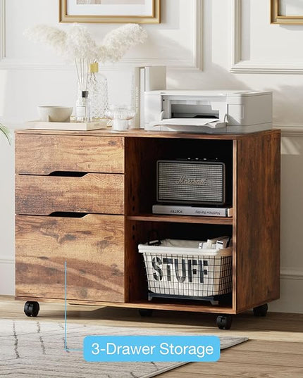 OLIXIS 3 Drawer File Cabinet Lateral Printer Stand with Adjustable Storage Shelves for Home Office Small Space, Rustic Brown - LeafyLoom