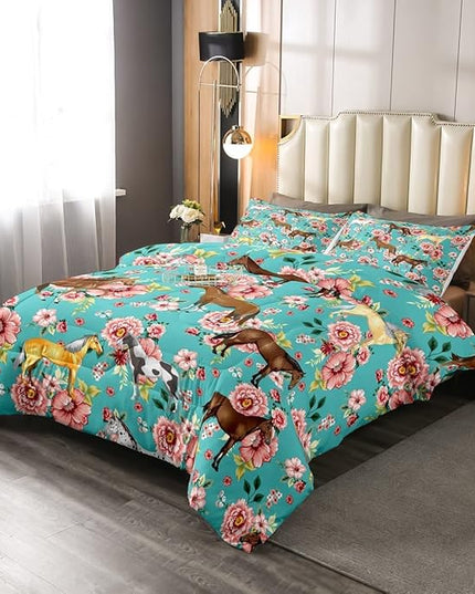 Kids Horse Bedding Set King Size Chic Retro Floral Bedding Comforter Set for Girls Teens Galloping Horse Printed Comforter 3D Wild Farm Animal Duvet Set Bedroom Decor Quilt Set 3Pcs, Green Pink - LeafyLoom