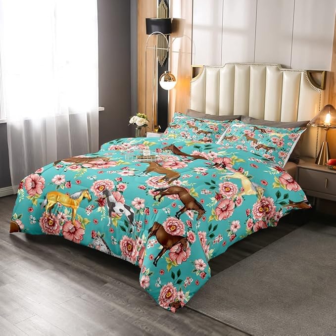 Kids Horse Bedding Set King Size Chic Retro Floral Bedding Comforter Set for Girls Teens Galloping Horse Printed Comforter 3D Wild Farm Animal Duvet Set Bedroom Decor Quilt Set 3Pcs, Green Pink - LeafyLoom