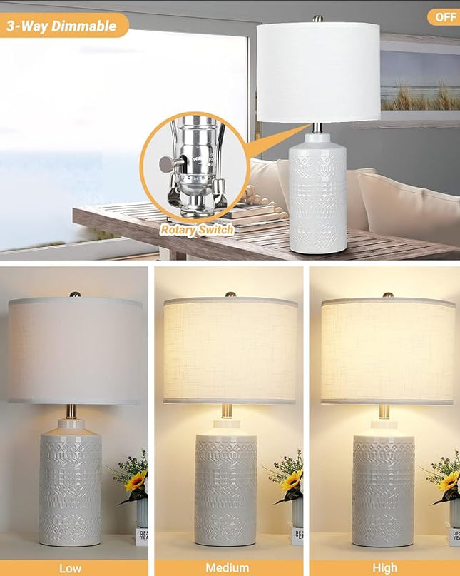 24.5" White Ceramic Table Lamp: 3-Way Dimmable Nightstand Lamp with White Linen Shade | Office Reading Lamp Bedside Lamp White Lamp for Bedrooms & Living Room (Bulb Included) - LeafyLoom