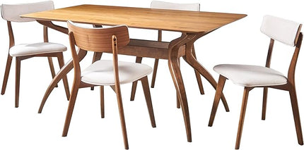 Christopher Knight Home Nissie Mid-Century Wood Dining Set with Fabric Chairs, 5-Pcs Set, Natural Walnut Finish / Light Beige - LeafyLoom