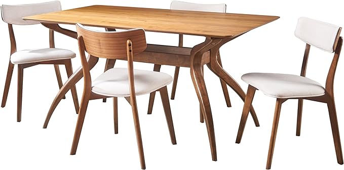 Christopher Knight Home Nissie Mid-Century Wood Dining Set with Fabric Chairs, 5-Pcs Set, Natural Walnut Finish / Light Beige - LeafyLoom