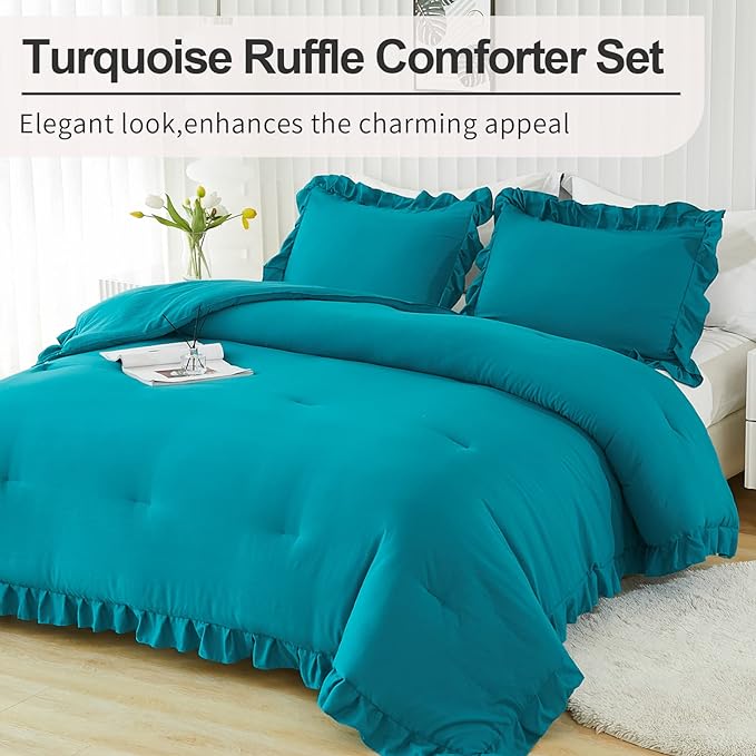 Andency Turquoise Queen Comforter Set(90x90Inch), 3 Pieces(1 Ruffle Comforter and 2 Pillowcases) Solid All Season Comforter Sets for Queen Bed, Lightweight and Fluffy Soft Microfiber Bedding Set - LeafyLoom