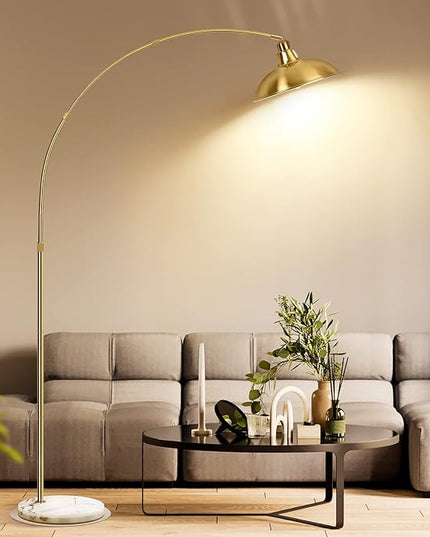 Gold Brass Arc Floor Lamp for Living Room - Mid Century Modern Standing Lamp, Overhanging Floor Lamps, Arch Stand Up Lamp & Floor Light with White Marble Base, Ideal for Bedroom Study Room - LeafyLoom