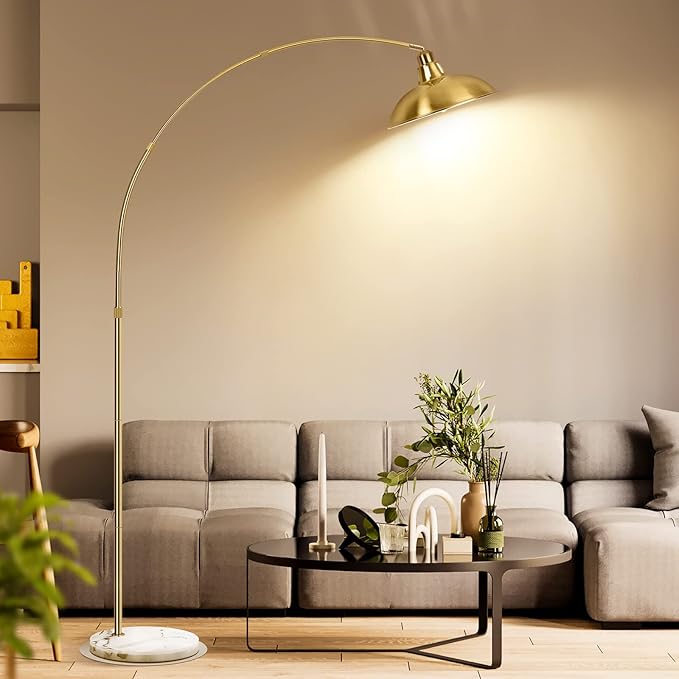 Gold Brass Arc Floor Lamp for Living Room - Mid Century Modern Standing Lamp, Overhanging Floor Lamps, Arch Stand Up Lamp & Floor Light with White Marble Base, Ideal for Bedroom Study Room - LeafyLoom