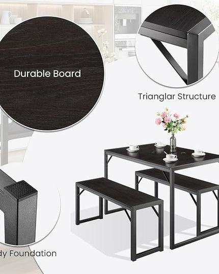 SHA CERLIN 3-Piece Dining Table Set with 2 Benches, Rustic Kitchen Table Set for 4-6, Space-Saving Dinette, Sturdy Structure, Easy Assemble, Black/Grey - LeafyLoom
