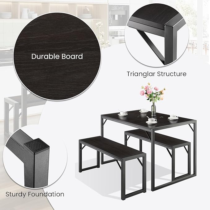 SHA CERLIN 3-Piece Dining Table Set with 2 Benches, Rustic Kitchen Table Set for 4-6, Space-Saving Dinette, Sturdy Structure, Easy Assemble, Black/Grey - LeafyLoom