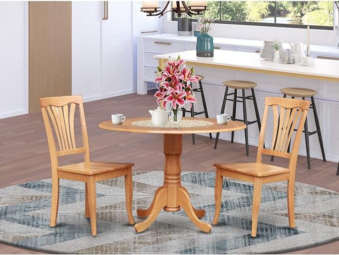 East West Furniture DLAV3-OAK-W 3 Piece Dining Room Furniture Set Contains a Round Kitchen Table with Dropleaf and 2 Dining Chairs, 42x42 Inch, Oak - LeafyLoom