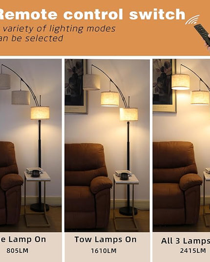 Arc Floor Lamp for Living Room with Remote Control, Dimmable Modern Mid Century 3 Lights Arched Tall Floor Lamp, Adjustable Standing Corner Lamp for Living Room Bedroom Office, Beige Lampshad (Black) - LeafyLoom