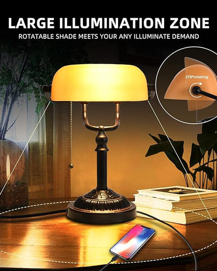 Rustic Desk Lamp Pull Chain, Traditional Bankers Desk Lamp with USB Port, Vintage Farmhouse Table Lamp for home office library - LeafyLoom