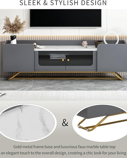 LUSAPZ Sleek Design TV Stand,Modern TV Stand with Fluted Glass,for TVs Up to 70 Inch,Faux Marble Top TV Console Table with Gold Frame Base,Ideal for Living Room (Gery) - LeafyLoom