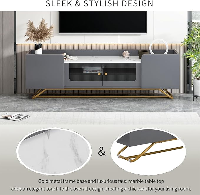 LUSAPZ Sleek Design TV Stand,Modern TV Stand with Fluted Glass,for TVs Up to 70 Inch,Faux Marble Top TV Console Table with Gold Frame Base,Ideal for Living Room (Gery) - LeafyLoom