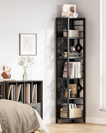 YITAHOME Narrow Bookshelf, 5-Tier Industrial Book Shelf Storage Rack, Display Shelves Stand Etagere for Small Spaces, Open Bookcase for Bedroom Living Room Bathroom Kitchen, Black - LeafyLoom