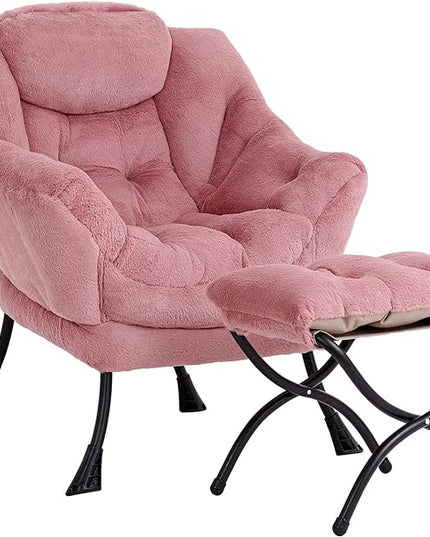 LITA Lazy Chair with Ottoman, Modern Accent Leisure Upholstered Sofa Chair, Lounge Reading Chair with Armrests and a Side Pocket for Living Room, Bedroom & Small Space, Plush Dark Pink - LeafyLoom