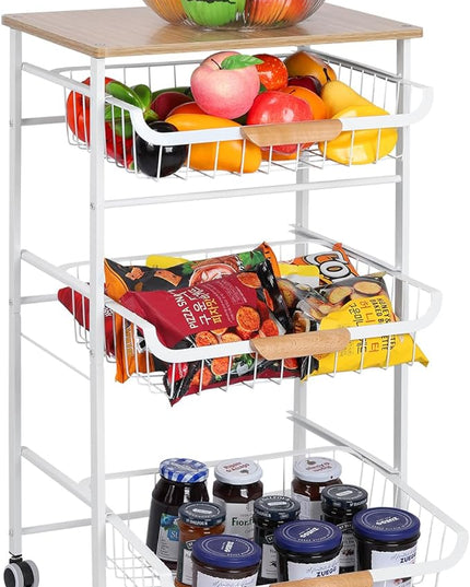 Kitchen Storage Rolling Cart on Wheels, 4 Tier Metal Rolling Utility Cart Mesh Basket Pantry Cart Rack with Wooden Tabletop for Fruit Vegetable Onion Potato Storage, White - LeafyLoom