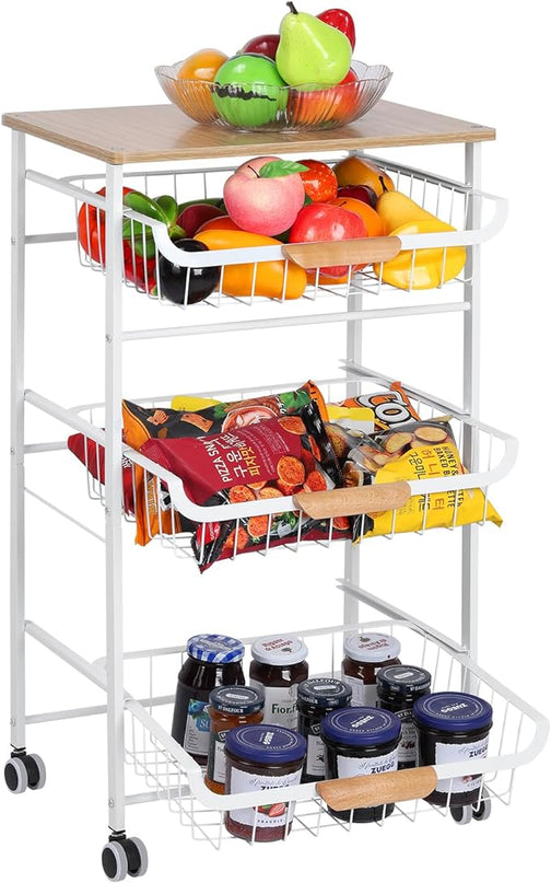 Kitchen Storage Rolling Cart on Wheels, 4 Tier Metal Rolling Utility Cart Mesh Basket Pantry Cart Rack with Wooden Tabletop for Fruit Vegetable Onion Potato Storage, White - LeafyLoom