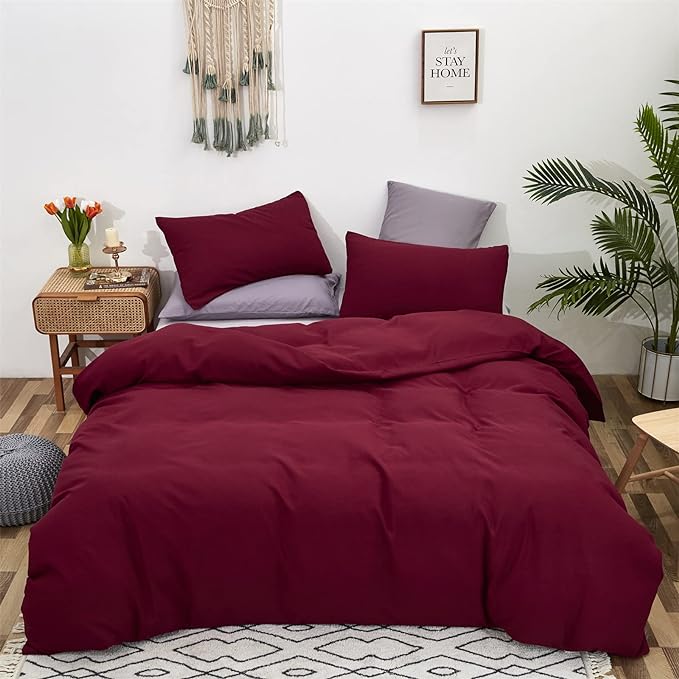 Burgundy Comforter Set Queen Size Dark Red Bedding Set Pure Burgundy Bedding Soft Durable Quilt Set Kids Teens Adult Lightweight Plain Burgundy Blanket Breathable Dark Red Bed Comforter Set - LeafyLoom