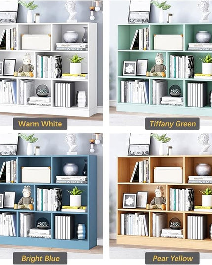 IOTXY Open Shelf Low Bookcase - Wooden 3-Tier Floor Standing Display Cabinet Organizer with Base, 8 Cubes Short Horizontal Bookshelf in Warm White - LeafyLoom