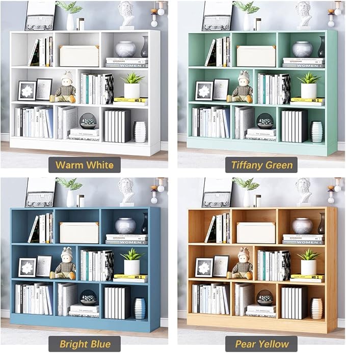 IOTXY Open Shelf Low Bookcase - Wooden 3-Tier Floor Standing Display Cabinet Organizer with Base, 8 Cubes Short Horizontal Bookshelf in Warm White - LeafyLoom