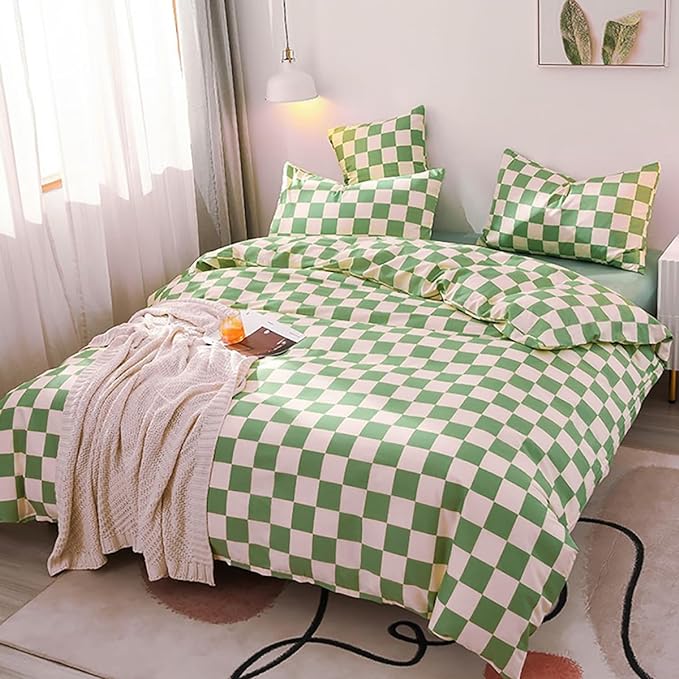 Green Checkered Comforter Queen Sage Green Grid Bedding Set Women Light Green White Plaid Bed Comforter Set Queen Size Breathable Blanket Set Men Durable Queen Bedding Comforter Set - LeafyLoom