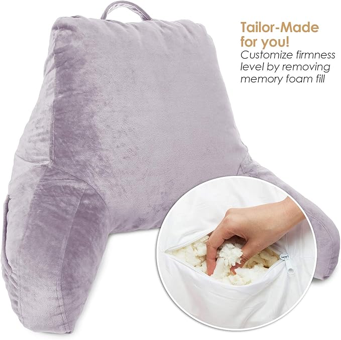 Clara Clark Reading Pillow, Standard Back Pillow for Sitting Up in Bed, Memory Foam Back Support Pillow, Reading Pillows for Sitting in Bed, Grey Lavender Sit Up Pillow for Bed Arm Pillow with Pockets - LeafyLoom