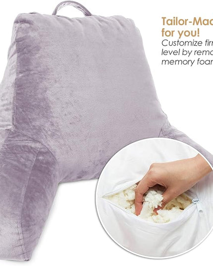 Clara Clark Reading Pillow for Kids, Small Back Pillow for Sitting Up in Bed, Memory Foam Back Support Pillow, Reading Pillows for Sitting in Bed, Grey Lavender Gaming Pillow with Arms and Pockets - LeafyLoom