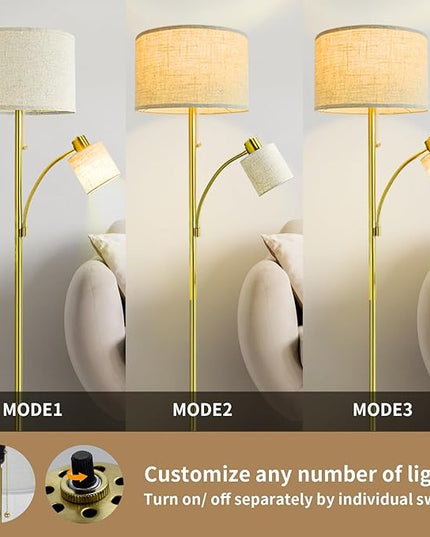 DLLT Rustic Floor Lamps for Living Room- Modern Tall Pole Light With Adjustable Reading Light, Vintage Standing Lamp for Contemporary Mid-Century Bedroom, Study Room, Fabric Shade E26(Bulb Included) - LeafyLoom
