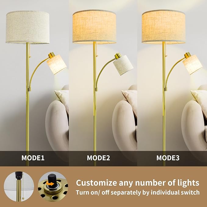 DLLT Rustic Floor Lamps for Living Room- Modern Tall Pole Light With Adjustable Reading Light, Vintage Standing Lamp for Contemporary Mid-Century Bedroom, Study Room, Fabric Shade E26(Bulb Included) - LeafyLoom