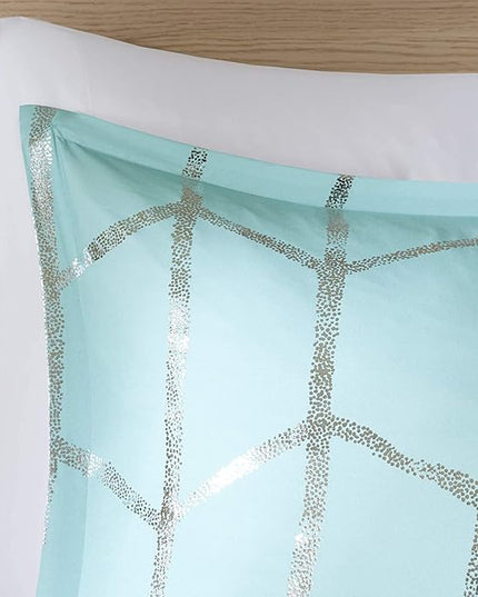 Intelligent Design Raina King / Cal King Comforter Set, Soft Microfiber Comforter Set King, Modern Geometric Metallic Bed Set, 5 Pieces College Bedding Comforter Set with 2 Shams, 2 Toss Pillows Aqua - LeafyLoom