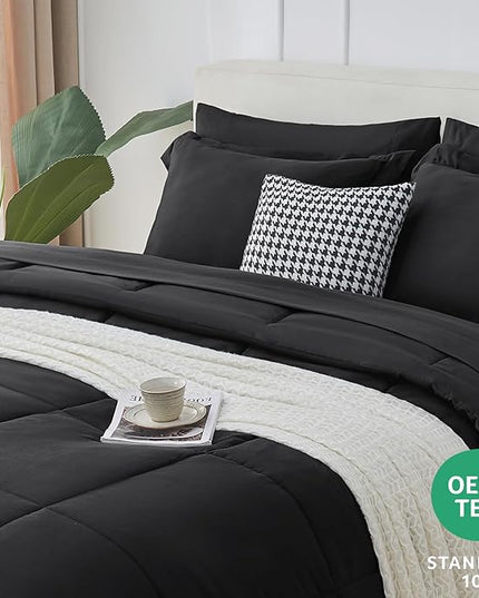 CozyLux Queen Comforter Set - 7 Pieces Bed in a Bag Set Black Queen, Complete Bedding Sets Bed Set for All Season with Comforter, Flat Sheets, Fitted Sheet, Pillowcases & Shams - LeafyLoom