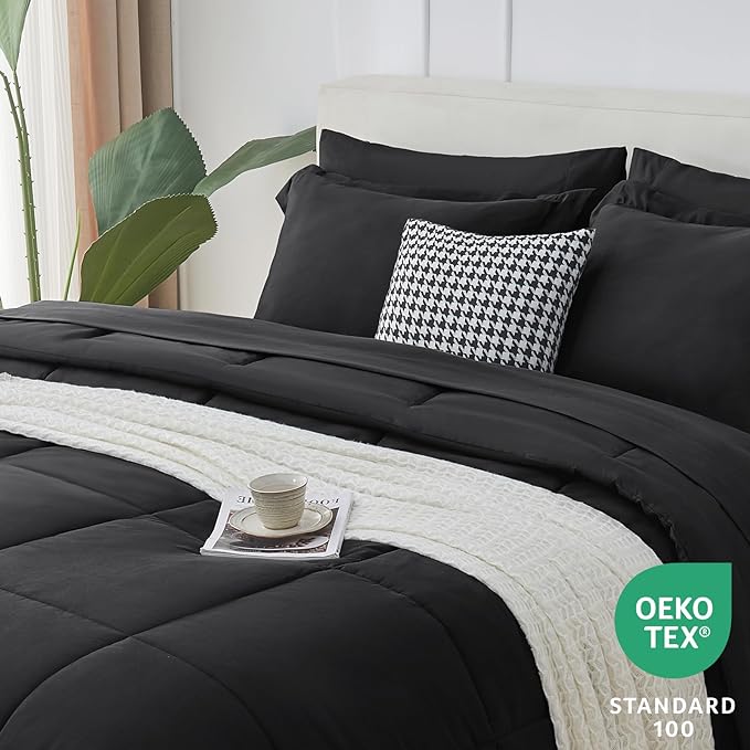 CozyLux King Size Comforter Set - 7 Pieces Bed in a Bag Set Black King, Complete Bedding Sets Bed Set for All Season with Comforter, Flat Sheets, Fitted Sheet, Pillowcases & Shams - LeafyLoom