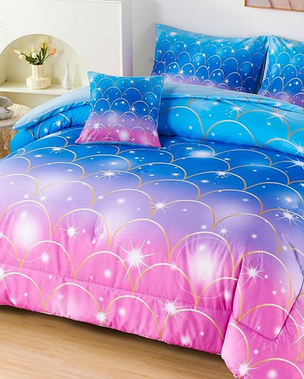 URBONUR 6Pcs Mermaid Comforter Set for Girls Full Size Bed in a Bag Pink Purple Blue Sparkle Glitter Bedding Set Soft All Season Comforter with Sheet Set - LeafyLoom