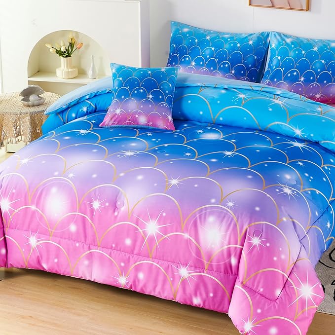URBONUR 6Pcs Mermaid Comforter Set for Girls Full Size Bed in a Bag Pink Purple Blue Sparkle Glitter Bedding Set Soft All Season Comforter with Sheet Set - LeafyLoom