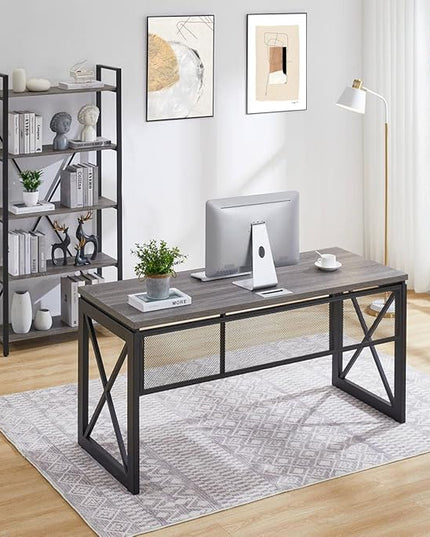 BON AUGURE Industrial Computer Desk, Rustic Wood Desk for Home Office, Sturdy Metal Writing Work Desk (60 Inch, Dark Grey Oak) - LeafyLoom