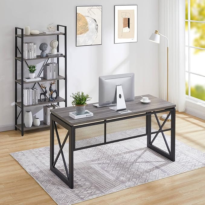 BON AUGURE Industrial Computer Desk, Rustic Wood Desk for Home Office, Sturdy Metal Writing Work Desk (60 Inch, Dark Grey Oak) - LeafyLoom